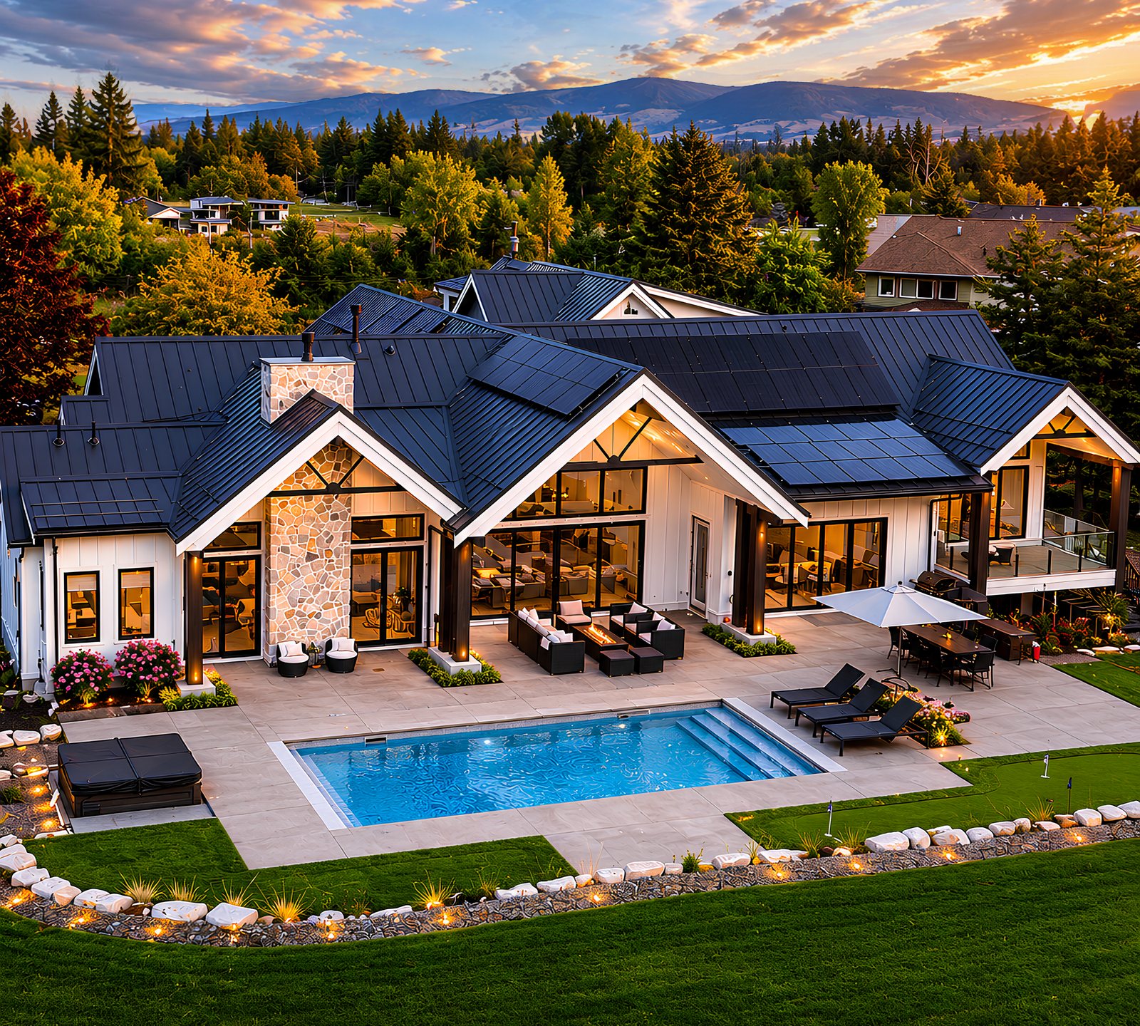 Wallace Hill custom home by Align West Homes at golden hour