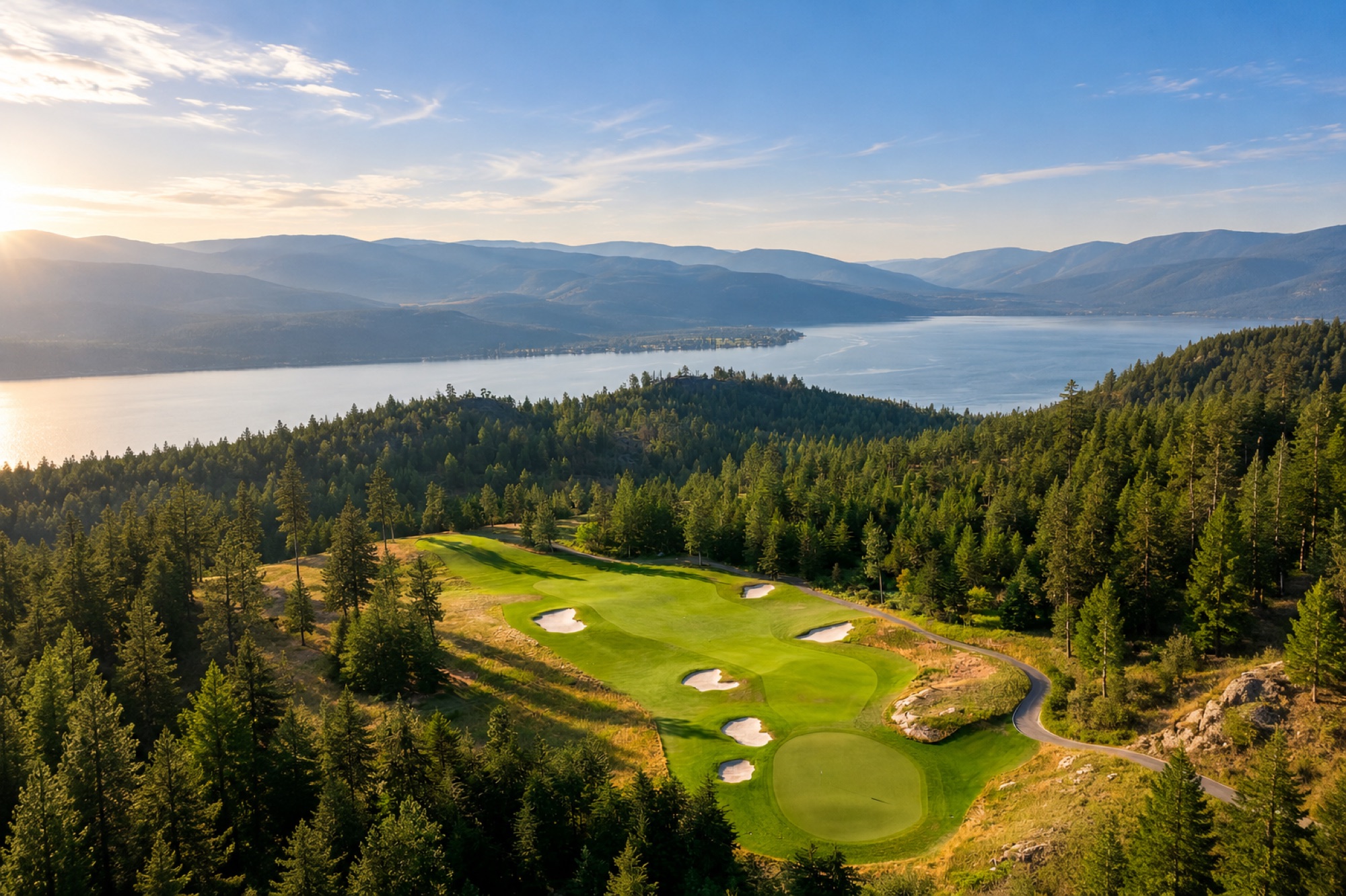 Aerial view of Predator Ridge golf course and Okanagan Lake at sunset