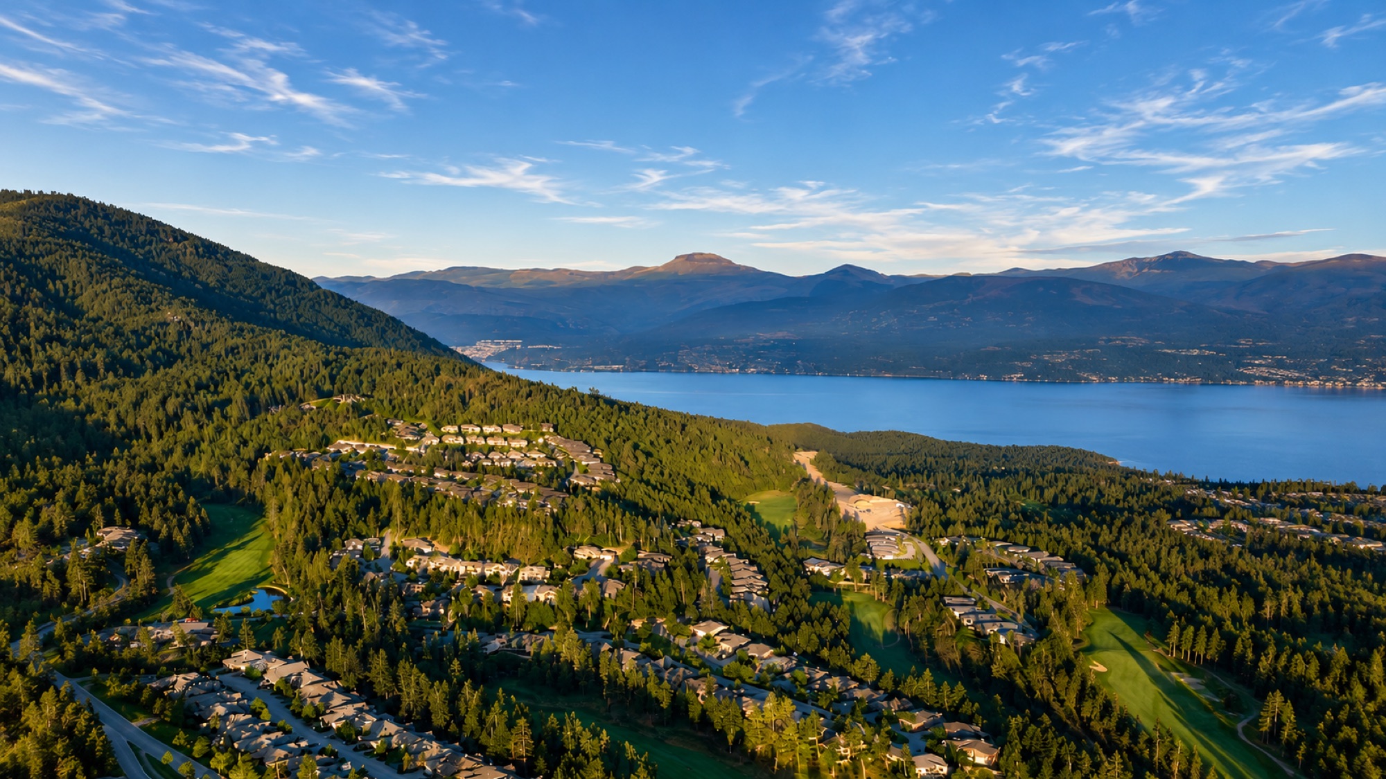 Predator Ridge resort community in Vernon BC, homes set into forested hillsides above the golf course and Okanagan Lake