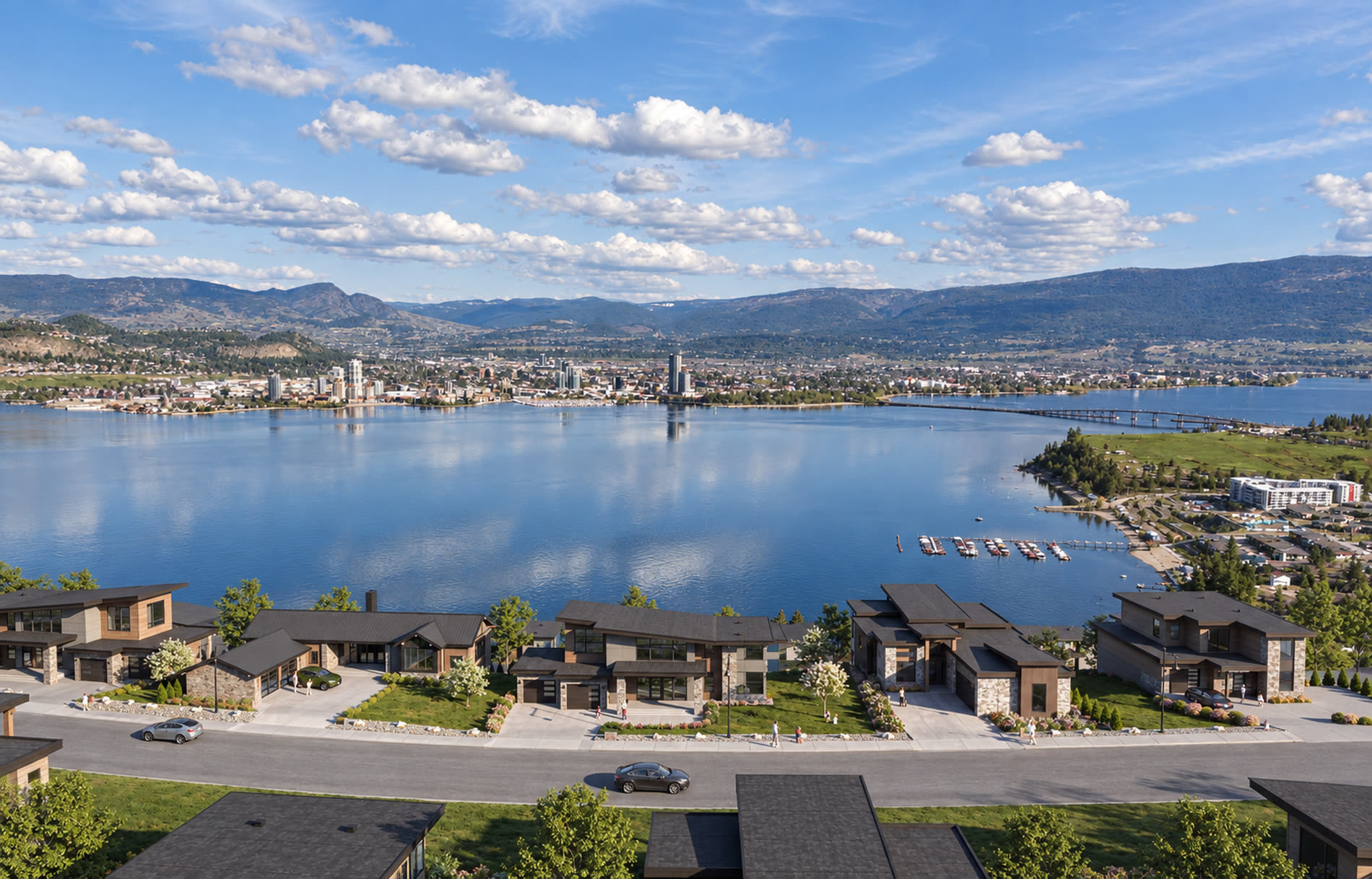 Rosevale Estates West Kelowna: rendering of the lakeview streetscape looking across Okanagan Lake toward downtown Kelowna