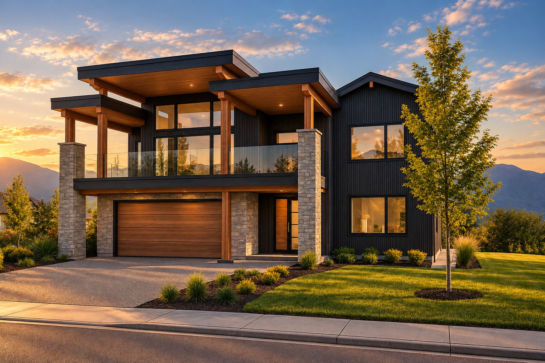Highpointe, an Align West Homes walk up plan for Lots 2, 3, 6, 7 and 8 at Rosevale Estates: rendering of a two storey home in dark vertical siding with stone columns and a timber entry, West Kelowna BC