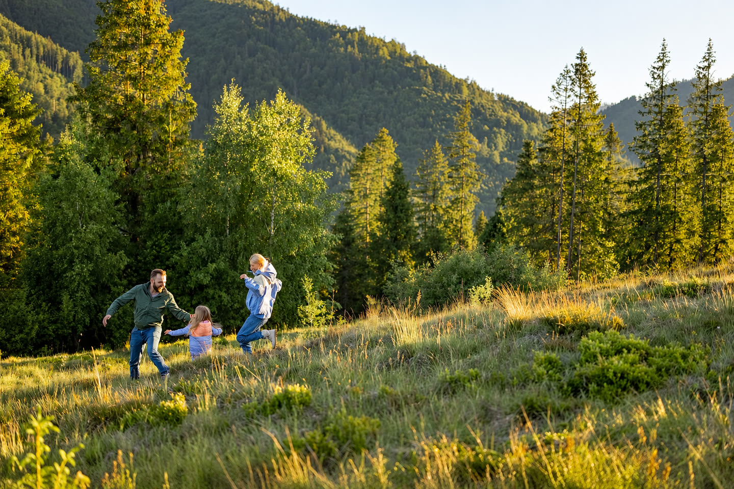 A family walking through forest and open grassland in the hills above West Kelowna at golden hour