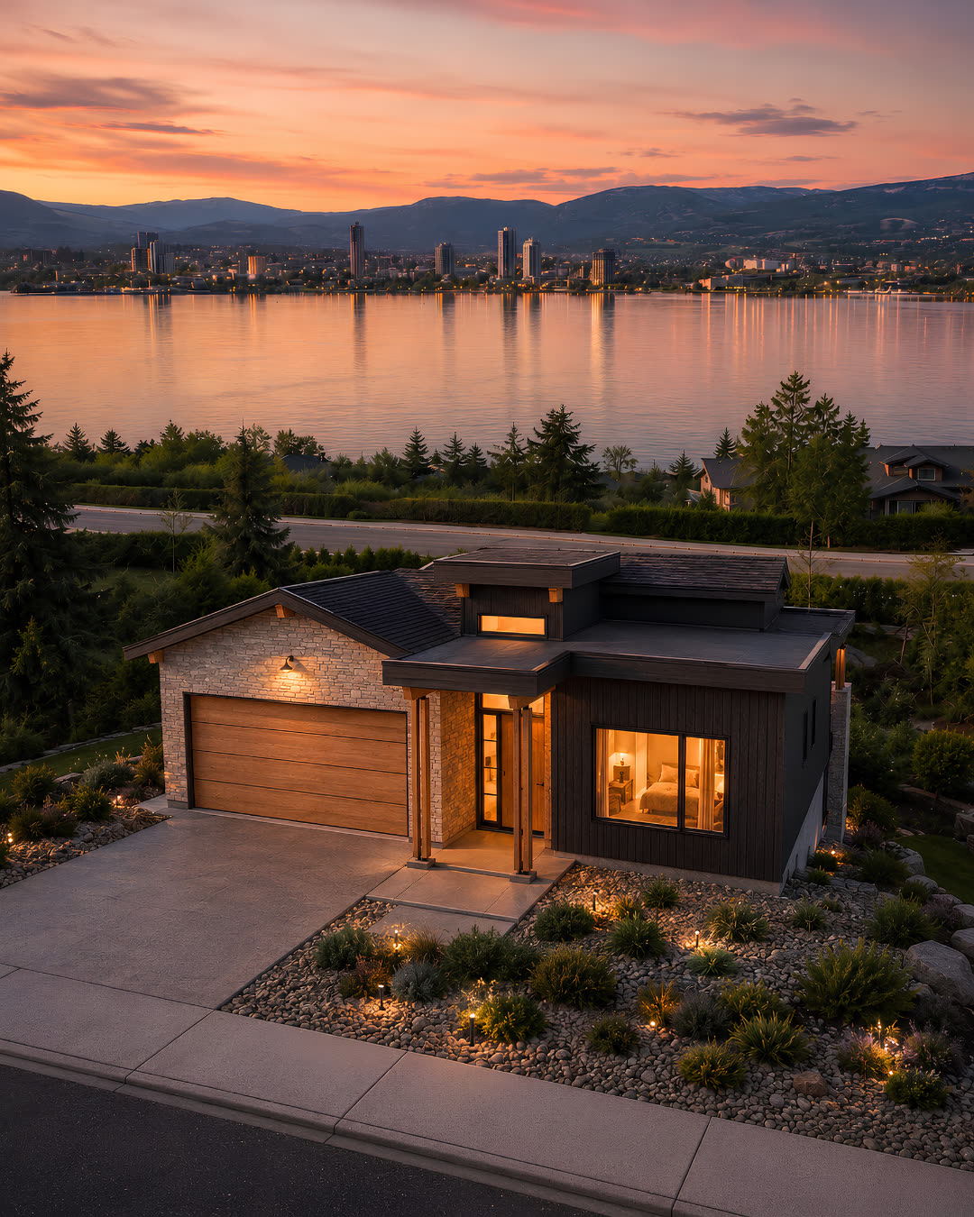 Ridgeview on Lot 12 at Rosevale Estates: rendering of a gabled rancher custom home in stone and dark siding overlooking Okanagan Lake and the Kelowna skyline