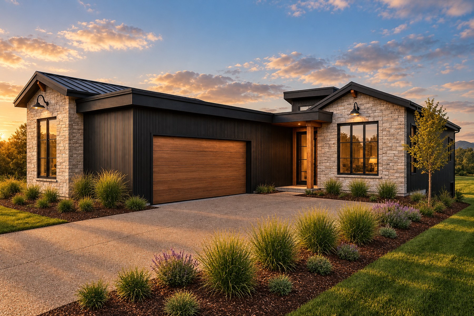 Hillcrest, the upcoming Align West Homes show home on Lot 14 at Rosevale Estates: rendering of a single storey home in pale stone and dark vertical siding with a timber entry, West Kelowna BC